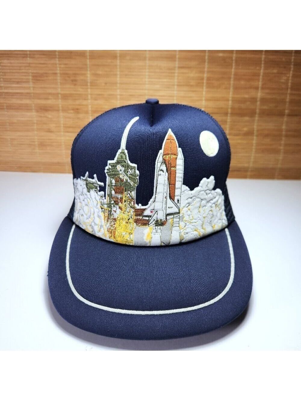 Vintage Space Shuttle Trucker Hat Maple Cap Foam Front Mesh Back Retro Print